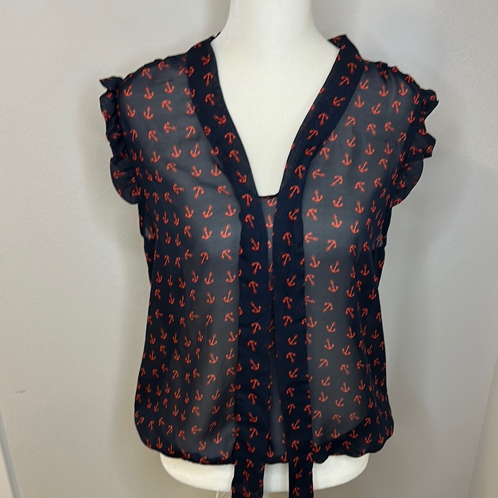 Eyelash Couture Sheer Navy Top with Red Anchor Print